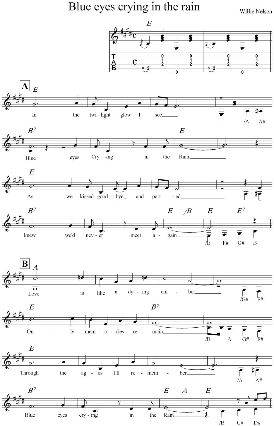 쉬운악보 Blue eyes Crying in the Rain - Willie Nelson : 네이버 블로그